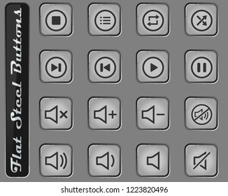 Media player vector web icons on the flat steel buttons