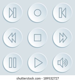 Media player web icons, white sticker buttons