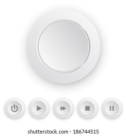 Media Player White Round Push Button Template. Vector Illustration.