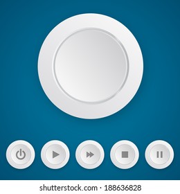 Media player white round push button template. Vector illustration on blue background