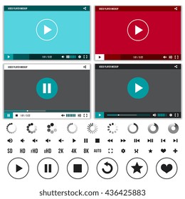 Media players with video controls buttons set. Set of interface player with button control and web video player. Vector illustration