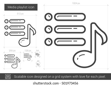 Icono de línea vectorial de lista de reproducción de medios aislado en fondo blanco. Icono de la lista de reproducción de medios para infografía, sitio web o aplicación. Icono escalable diseñado en un sistema de cuadrícula.