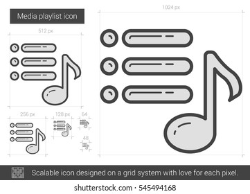 Icono de línea vectorial de lista de reproducción de medios aislado en fondo blanco. Icono de la lista de reproducción de medios para infografía, sitio web o aplicación. Icono escalable diseñado en un sistema de cuadrícula.