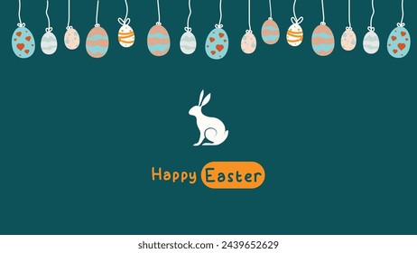 media post idea for easter egg background isolated in green, hand draw line rabbit, suit for decoration ,web, banner , wallpaper , with blank space