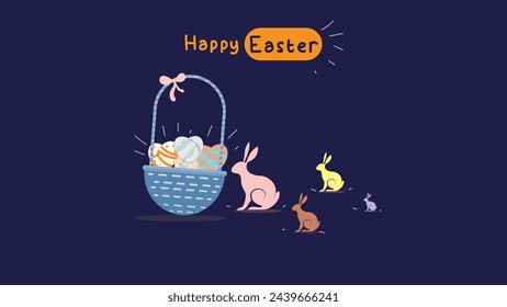 media post idea for easter egg background isolated in blue, hand draw line rabbit, suit for decoration ,web, banner , wallpaper , invitation card