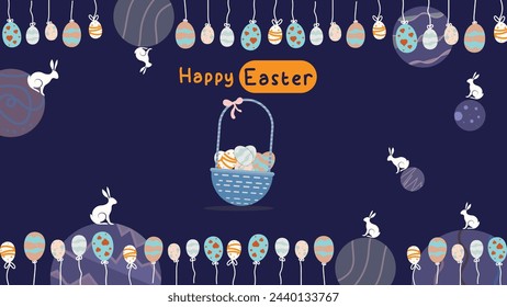 media post idea for easter egg background isolated in blue, hand draw line rabbit, suit for decoration ,web, banner , wallpaper , space themes