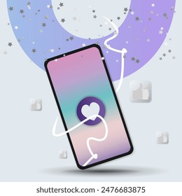 Media post phone mockup, like concept design, post template, minimalistic, luxury, floral retro futuristic poster, retro wave social media 