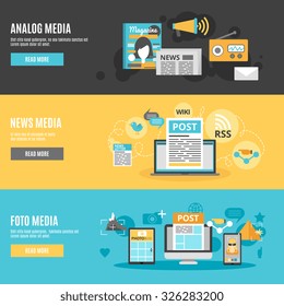 Media and press horizontal banners set with photo analog and news media symbols flat isolated vector illustration 