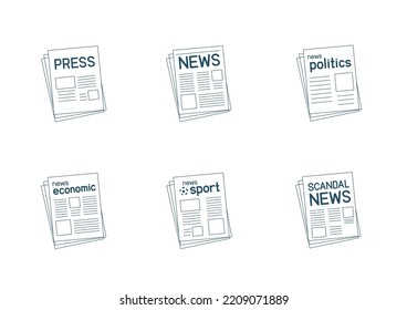 Media press news outline icons set isolated on white backgroud. Correspondence pictogram sign symbols collection. Newsletter economic political sports article newspaper icon design