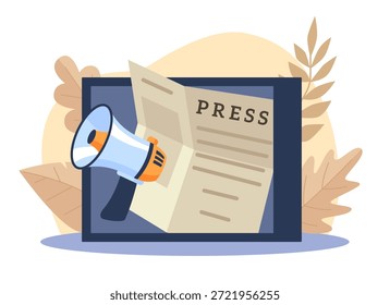 Autorización de prensa de los medios. Publicación de periódicos, edición impresa periódica en la pantalla del ordenador portátil, altavoz y documento en la pantalla de la tableta, anuncios digitales públicos Vector de dibujos animados de estilo plano concepto aislado