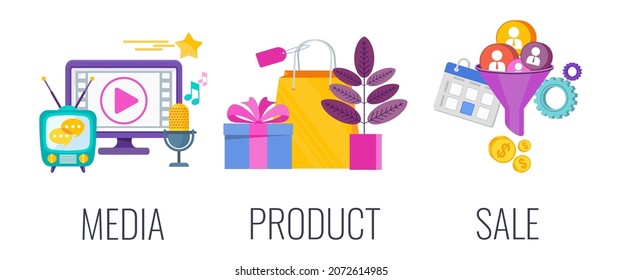 Media, product and sale flat vector illustration. Strategy and management. Segmentation, target audience. Successful positioning of company in market. White background.