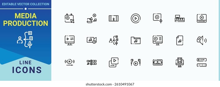 Media Production icon set. Featuring movie, multimedia, camera, video, cinema, media and more. Audio And Video vector icon set. Perfect for logos and infographic. Pixel perfect. Vector illustration.