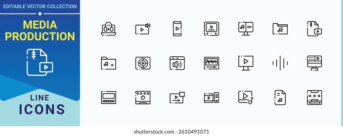 Media Production icon set. Featuring movie, multimedia, camera, video, cinema, media and more. Audio And Video vector icon set. Perfect for logos and infographic. Pixel perfect. Vector illustration.