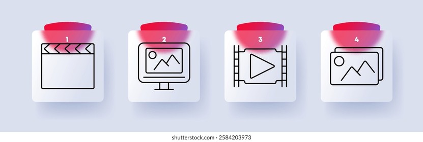 Media production set icon. Clapperboard, monitor, video film, image gallery