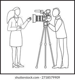 Equipo de producción de medios trabajando. Radiodifusión, concepto de podcast. Reportero, camarógrafo y presentador en un estudio. Ilustración vectorial del equipo de filmación y transmisión en vivo	
