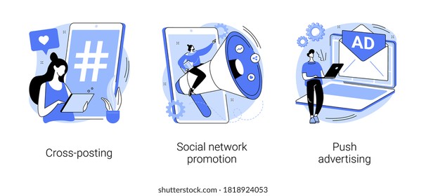 Media Promotion Abstract Concept Vector Illustration Set. Social Network Promotion, Cross-posting, Push Advertising, Comment And Like, Digital Marketing, Smm And Post Sharing Abstract Metaphor.