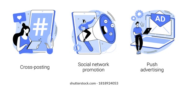 Media promotion abstract concept vector illustration set. Social network promotion, cross-posting, push advertising, comment and like, digital marketing, smm and post sharing abstract metaphor.