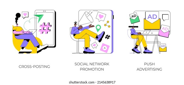 Media promotion abstract concept vector illustration set. Social network promotion, cross-posting, push advertising, comment and like, digital marketing, smm and post sharing abstract metaphor.