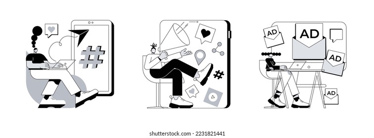 Media promotion abstract concept vector illustration set. Social network promotion, cross-posting, push advertising, comment and like, digital marketing, smm and post sharing abstract metaphor.