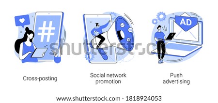 Media promotion abstract concept vector illustration set. Social network promotion, cross-posting, push advertising, comment and like, digital marketing, smm and post sharing abstract metaphor.