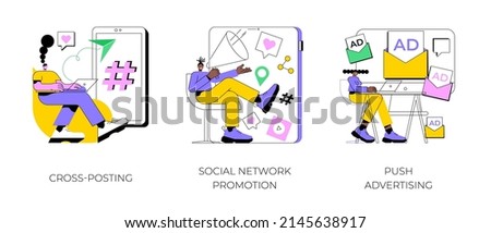 Media promotion abstract concept vector illustration set. Social network promotion, cross-posting, push advertising, comment and like, digital marketing, smm and post sharing abstract metaphor.