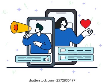 Media promotion concept. Woman and male using smartphone to push advertising on social media. Social network, sharing content, viral media, comment and like, digital marketing. 