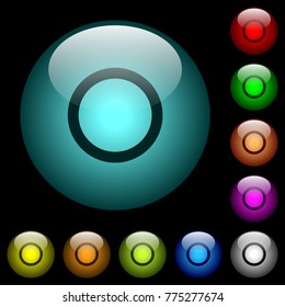 Media record icons in color illuminated spherical glass buttons on black background. Can be used to black or dark templates
