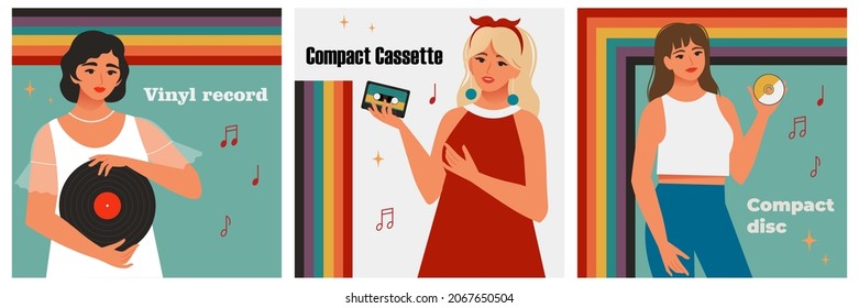 Media For Recording Music, From Vinyl Records To CDs. 1930s, 1960s, 1990s Year. Womens With Music Disk. Retro Style Vector Illustration