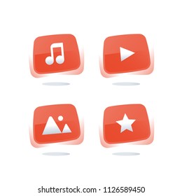 Media red web buttons, online music service, watch streaming video, download audio file, favorite movie, entertainment resources, application concept, vector flat icons