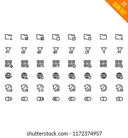 Media Related Icon set. Contains such Icons as Folder, Filter, Globe, Blockchain, History, Switcher. Vector Flat Icon Set in Line Style for Mobile application or Web site