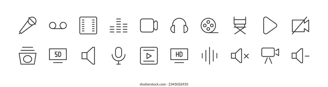 media related premium icon set. Vector elements with editable stroke. Isolated on a white background