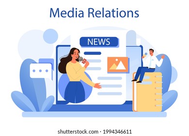 Media relations concept. Producing the news and brand advert in mass media. Maintenance of a company reputation through press. Flat vector illustration