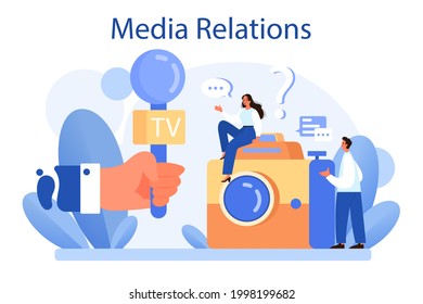 Media relations concept. Producing the news and brand advert in mass media. Maintenance of a company reputation through press. Flat vector illustration