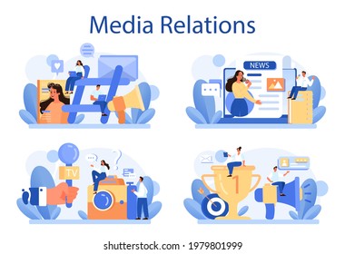 Conjunto de conceptos de relaciones con los medios de comunicación. Produciendo las noticias y el anuncio de marca en los medios masivos. Mantenimiento de la reputación de la empresa a través de la prensa. Ilustración vectorial plana