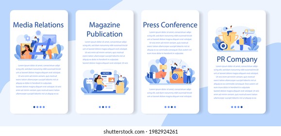 Media relations mobile application banner set. Producing the news and brand advert in mass media. Maintenance of a company reputation through press. Flat vector illustration