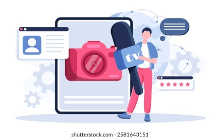 Media relations online. Man with huge microphone near smartphone. Public relations and marketing. Press conference and press release. Promoting company on Internet. Flat vector illustration