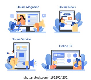 Servicio de relaciones con los medios en línea o conjunto de plataformas. Produciendo las noticias en los medios masivos. Mantenimiento de la reputación de la empresa a través de la prensa. Revista en línea, por favor, noticias. Ilustración vectorial plana