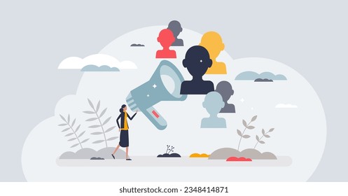 Media relations as PR form to announce company news tiny person concept. Public message from business leader to inform community and audience vector illustration. Effective social press communication