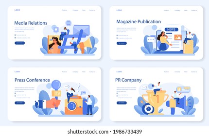 Media relations web banner or landing page set. Producing the news and brand advert in mass media. Maintenance of a company reputation through press. Flat vector illustration