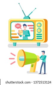 Media resource, television advertisement, TV set and megaphone vector. Commercial video and loudspeaker, marketologist and promotion, isolated objects