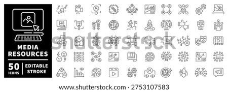 Media resources linear icon set with editable stroke in thin line style for digital use