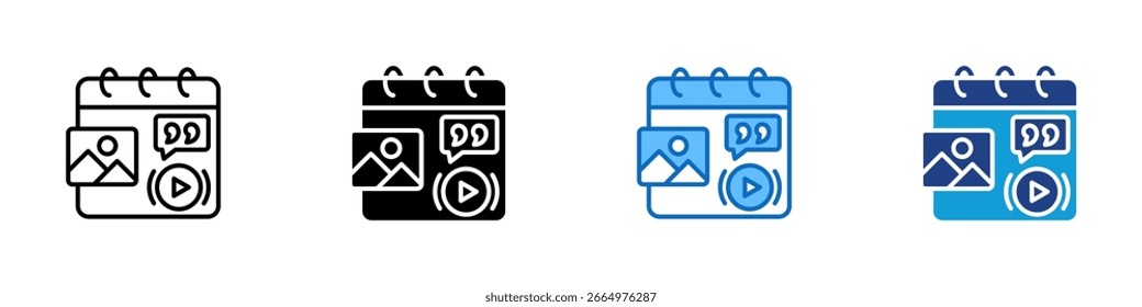 Media Schedule Multi Style Icon Design Vector - Calendar page with media thumbnails, representing a visual content calendar or publishing planner