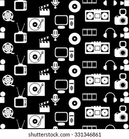 media seamless pattern with music and movie icons on black background