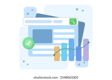 Media search data with stock charts for business. Media data management and charts for business. Management software. Media data. Flat vector illustration on background.	
