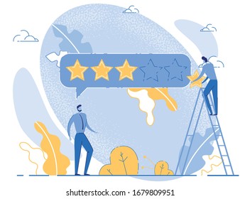 Media Service, Team Work or Company Evaluation. Men Giving Four Cartoon Gold Stars. Ranking and Review. Followers Feedback. Success Rating. Businessmen Characters. Vector Flat Illustration