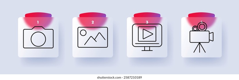 Media set icon. Camera, image, video, play, movie, photography, film, recording, gallery, multimedia, snapshot, digital, entertainment, cinematography, production