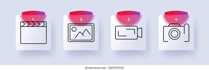 Media set icon. Clapperboard, framed image, video camera, photo camera, filmmaking, photography, digital content, visual arts, entertainment, recording