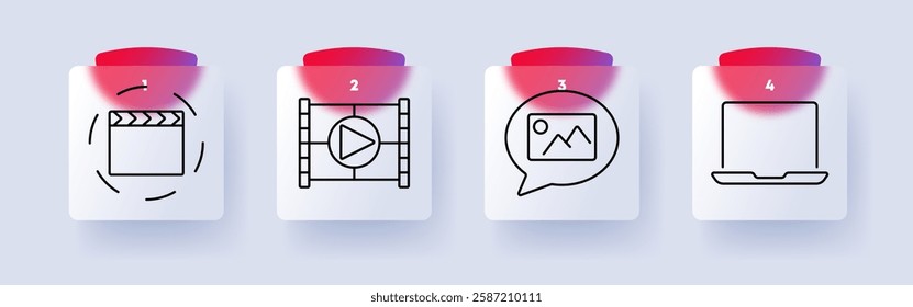 Media set icon. Clapperboard with rotation arrows, filmstrip with play button, image inside speech bubble, laptop, filmmaking, photography, digital content, multimedia