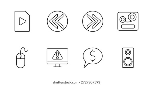 Mediensatzsymbol. Datei, zurückspulen, vorwärts, Band, Maus, Monitor-Alarm, Geld-Chat, Lautsprecher zeigt Wiedergabe, Fehler, Finanzen, Steuerung, Audio-Tech.
