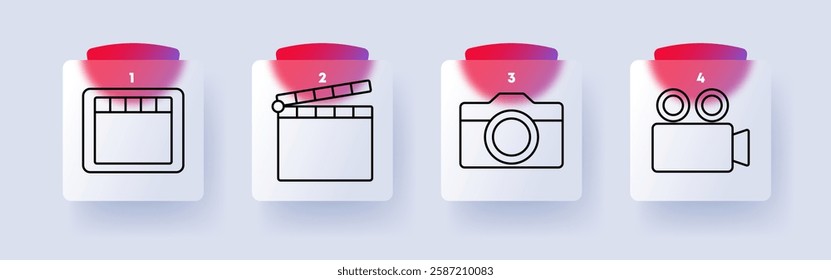 Media set icon. Filmstrip, clapperboard, camera, video recorder, cinema, photography, filmmaking, entertainment, multimedia, recording, digital content